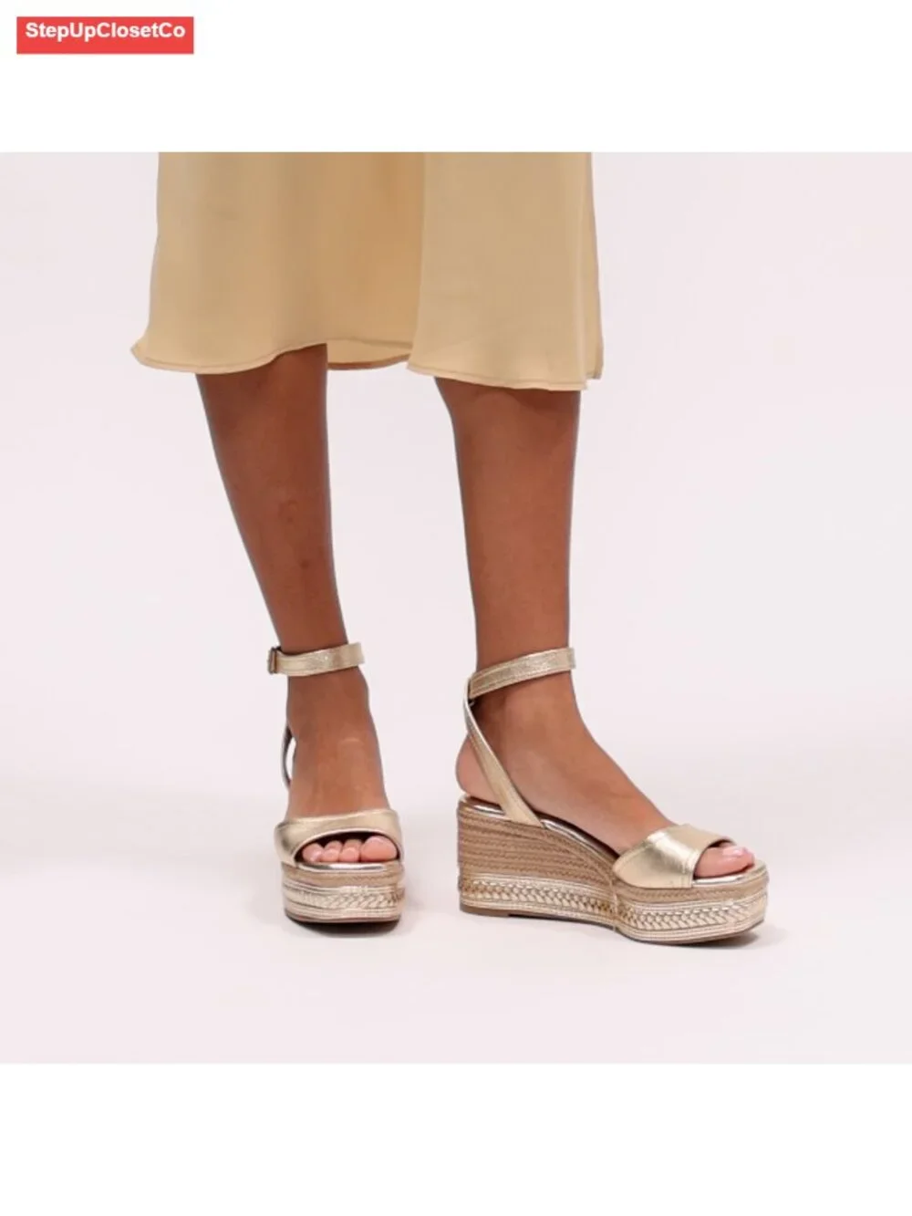 Espadrille Wedge Sandals, Leather, Open Toe, Ankle Strap, Buckle Closure,